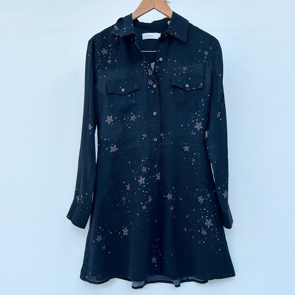 A.L.C. Pedro Carmen Collared Mini Dress Celestial Stars Witchy Black 8 Moons - Picture 3 of 11
